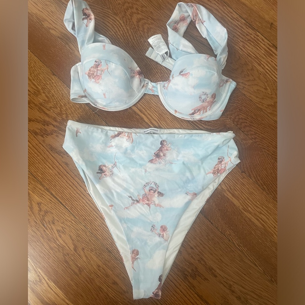 WeWoreWhat Angel Print Bikini Set - Light Blue and White